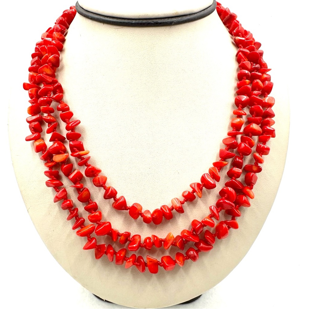 Vintage Red Coral Chip Bead Necklace Sterling Silver Clasp Knotted Triple Strand